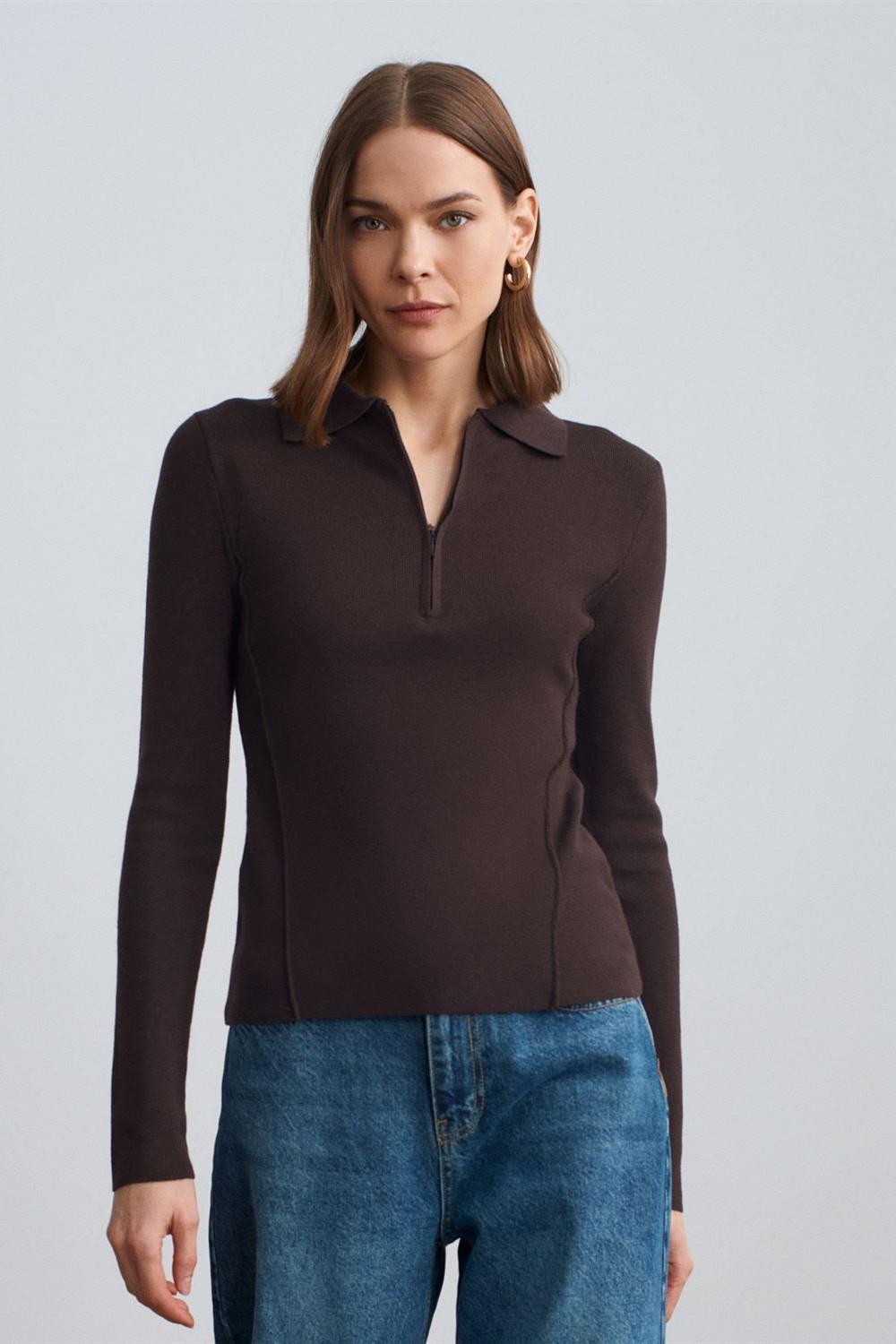 Kaşmir Karışımlı Fermuarlı Kazak DL10862