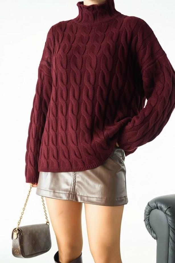 Kendinden Yakalı Saç Örgü Kazak QS241275