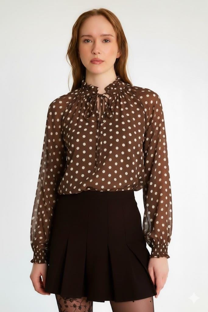 Yakası Bağlamalı Kolları Lastikli Şifon Bluz RB39301