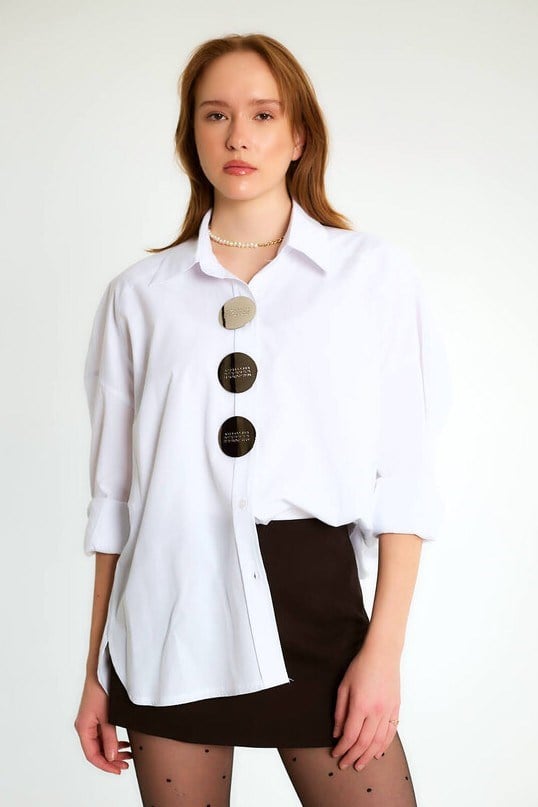 Metal Düğme Detaylı Overisize Gömlek RB39253