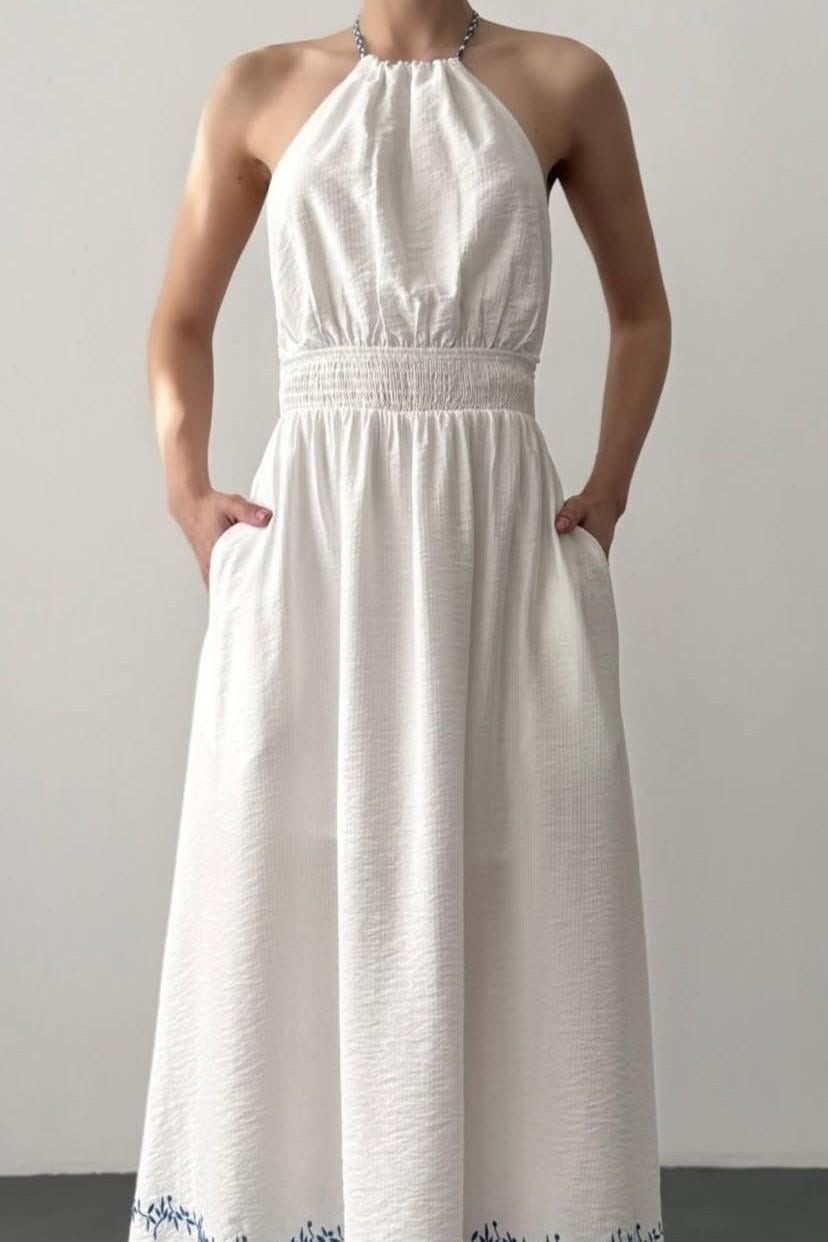 Halter Yaka Nakış Detaylı Elbise QZ00462