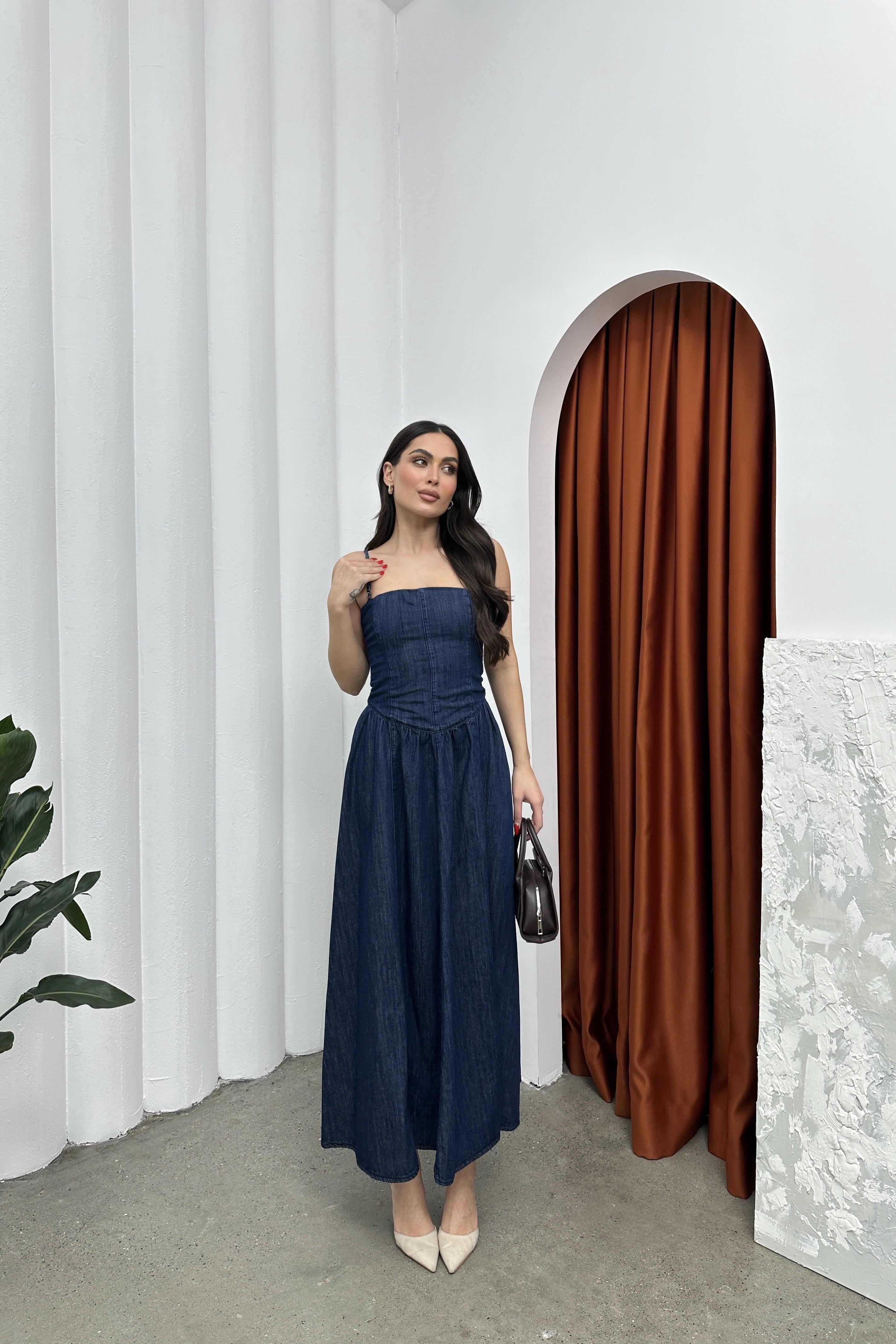 İp Askılı Eteği Bol Midi Boy Jean Elbise LC8011