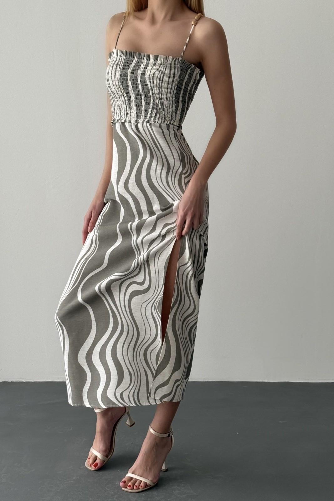 İp Askılı Yırtmaçlı Desenli Midi Elbise QZ00307