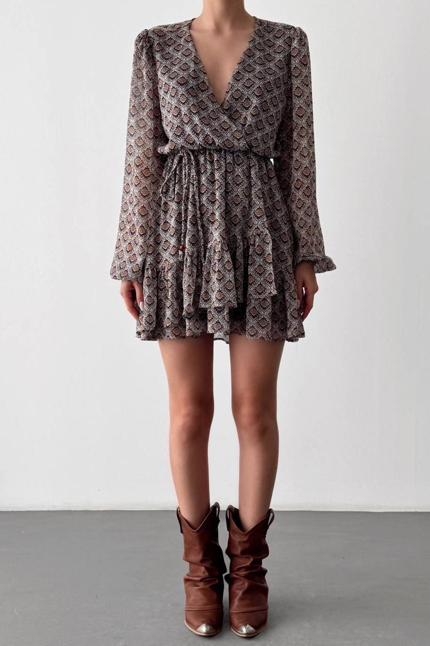 Kemer Detaylı Desenli Mini Elbise QZ00868