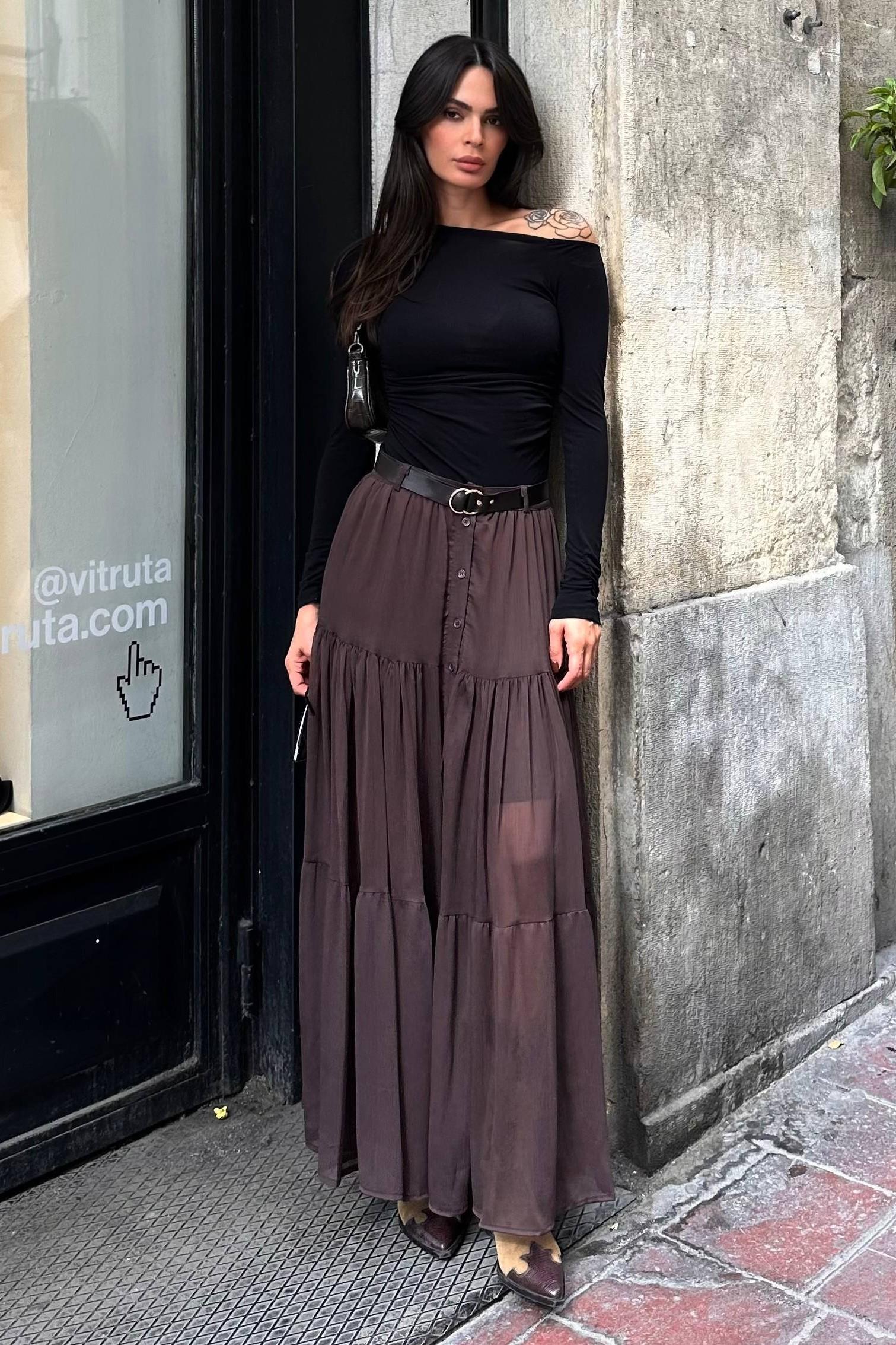 Kemer ve Düğme Detaylı Şifon Etek MM1134