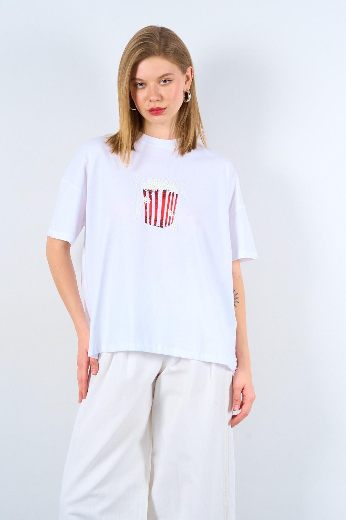 Popcorn Baskılı Oversize T-shirt QS241057