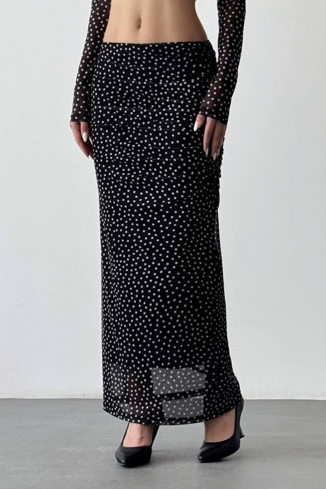 Yanı Drapeli Puantiyeli Midi Boy Etek QZ00878