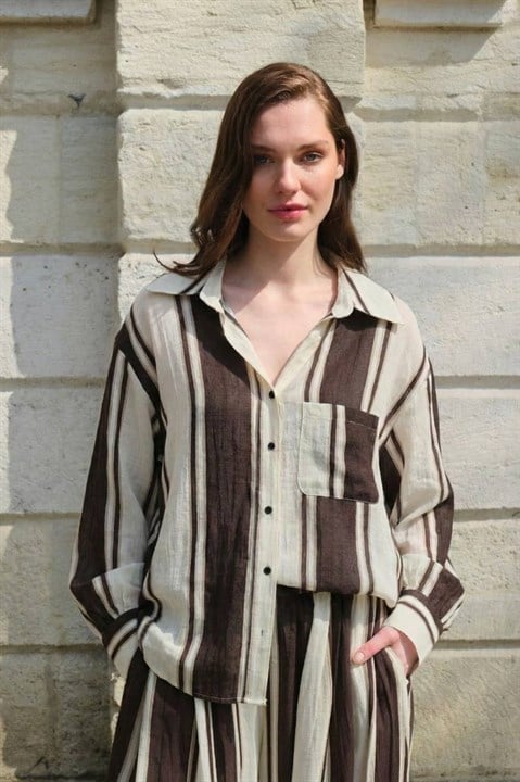 Cep Detaylı Çizgili Dökümlü Gömlek PR5060