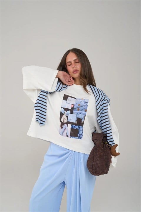 Baskı Detaylı Geniş Kollu Oversize T-shirt MA3877