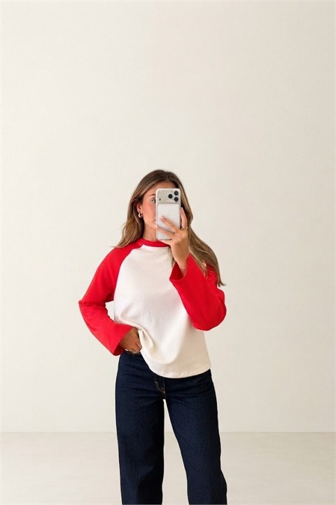 Çift Renk Bisiklet Yaka Uzun Kollu T-shirt QS261006