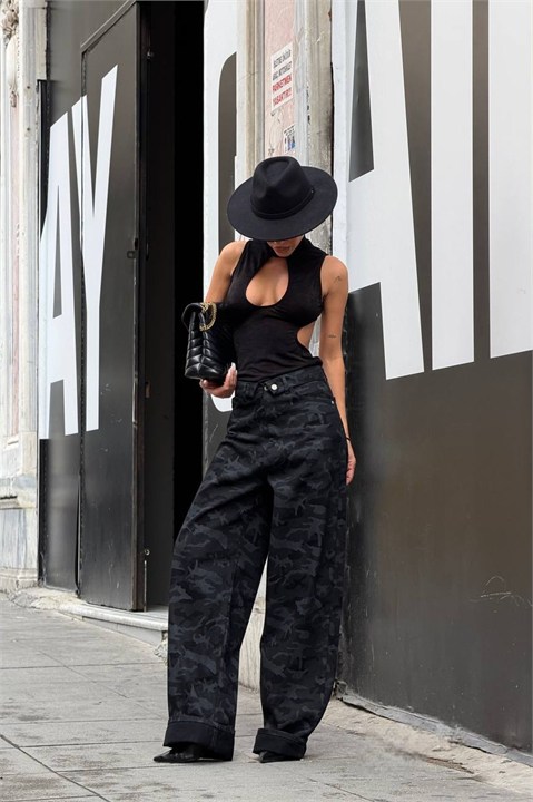 Bel Detaylı Kamuflaj Desenli Baggy Jean MZ532