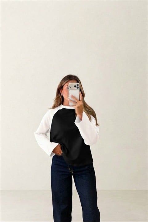 Çift Renk Bisiklet Yaka Uzun Kollu T-shirt QS261006