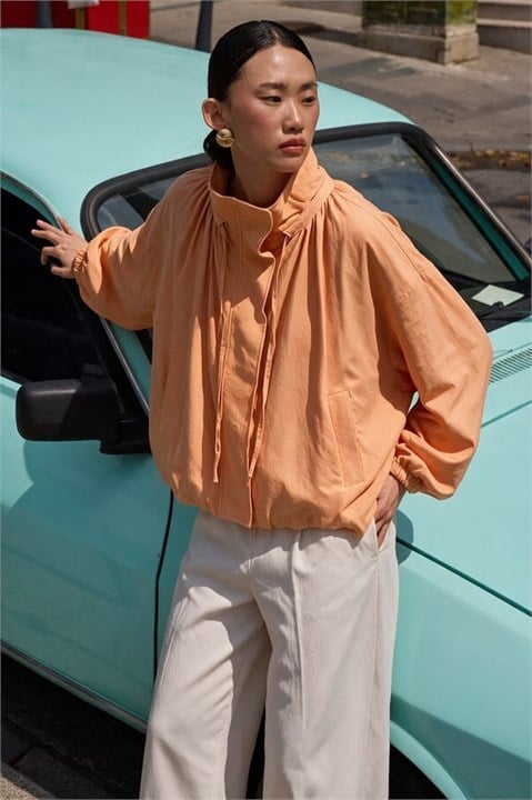 Dik Yaka Pileli Cep Detaylı Oversize Ceket PR9797