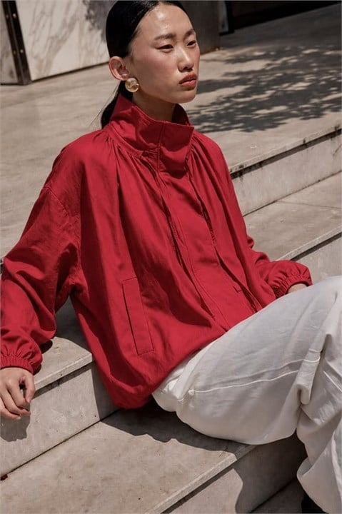Dik Yaka Pileli Cep Detaylı Oversize Ceket PR9797