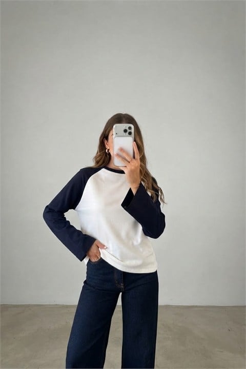 Çift Renk Bisiklet Yaka Uzun Kollu T-shirt QS261006