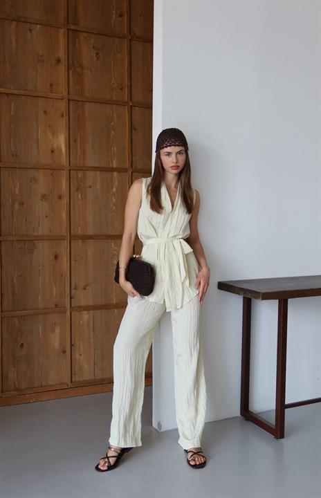 Beli Bağlamalı Yelek Dökümlü Pantolon Takım HYL9227