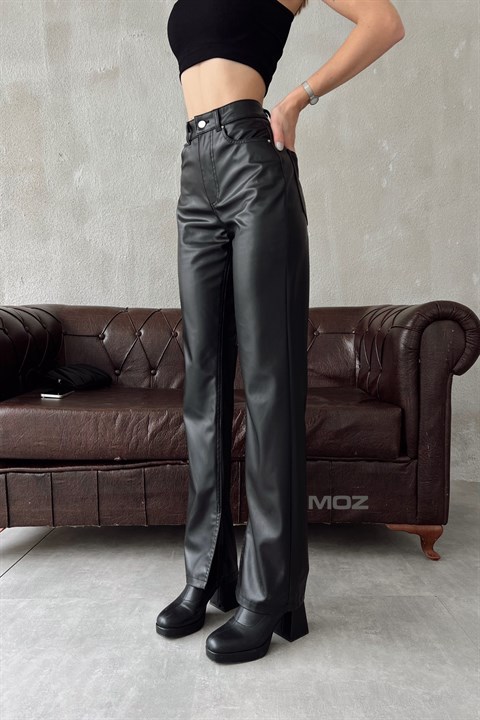 Suni Deri Yanı Yırtmaçlı Yüksek Bel Pantolon DL70412