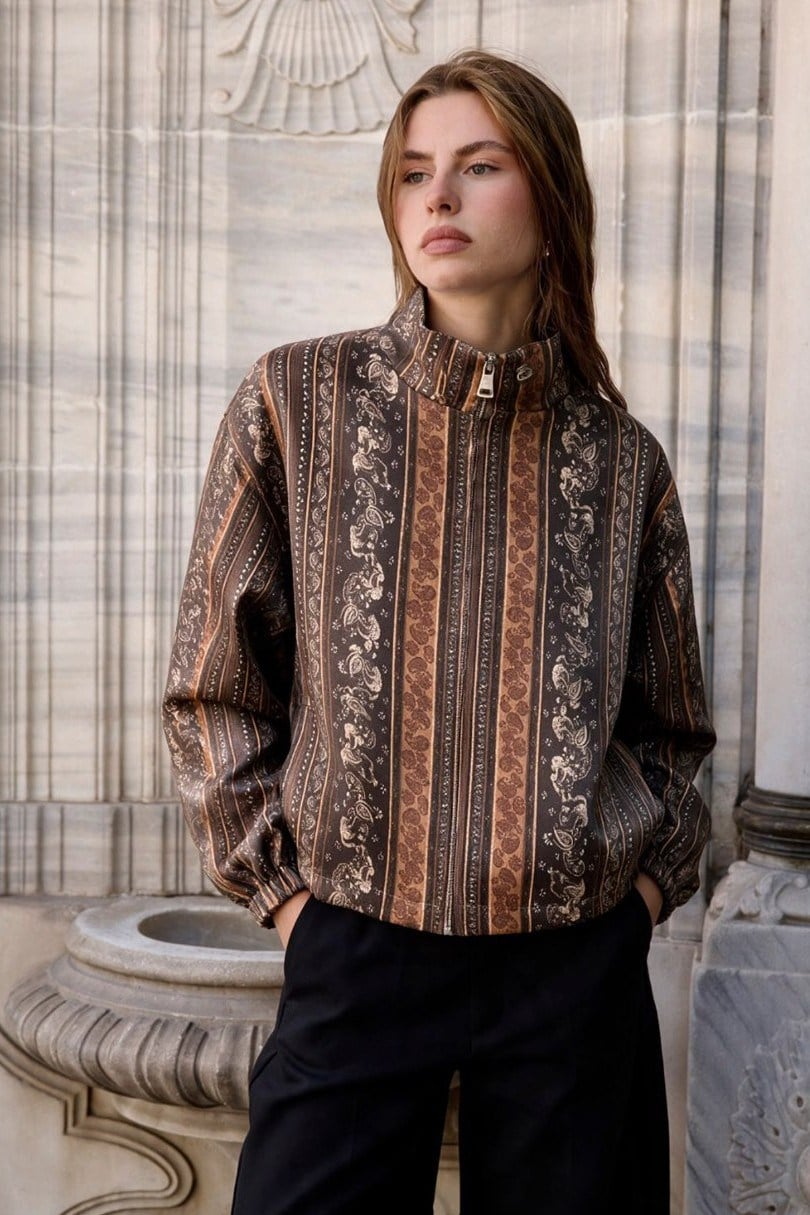 Desenli Parlak Kumaş Reglan Kol Bomber Ceket PR9865