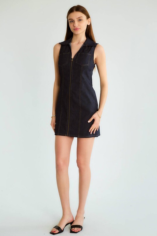 Cep Detaylı Fermuarlı Mini Jean Elbise RB86243