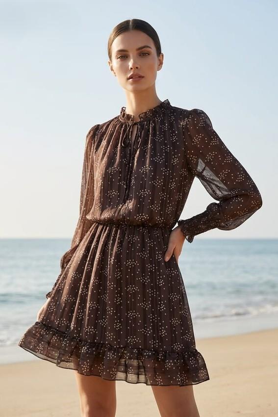 Yakası İpli Kolları ve Eteği Fırfırlı Mini Elbise RB39273