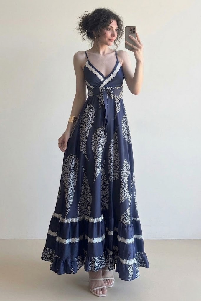 İp Askılı Eteği Volanlı Saten Elbise RB38602