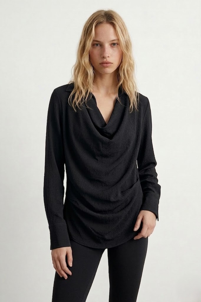 Çizgi Detaylı Önü Drapeli Bluz QZ01799