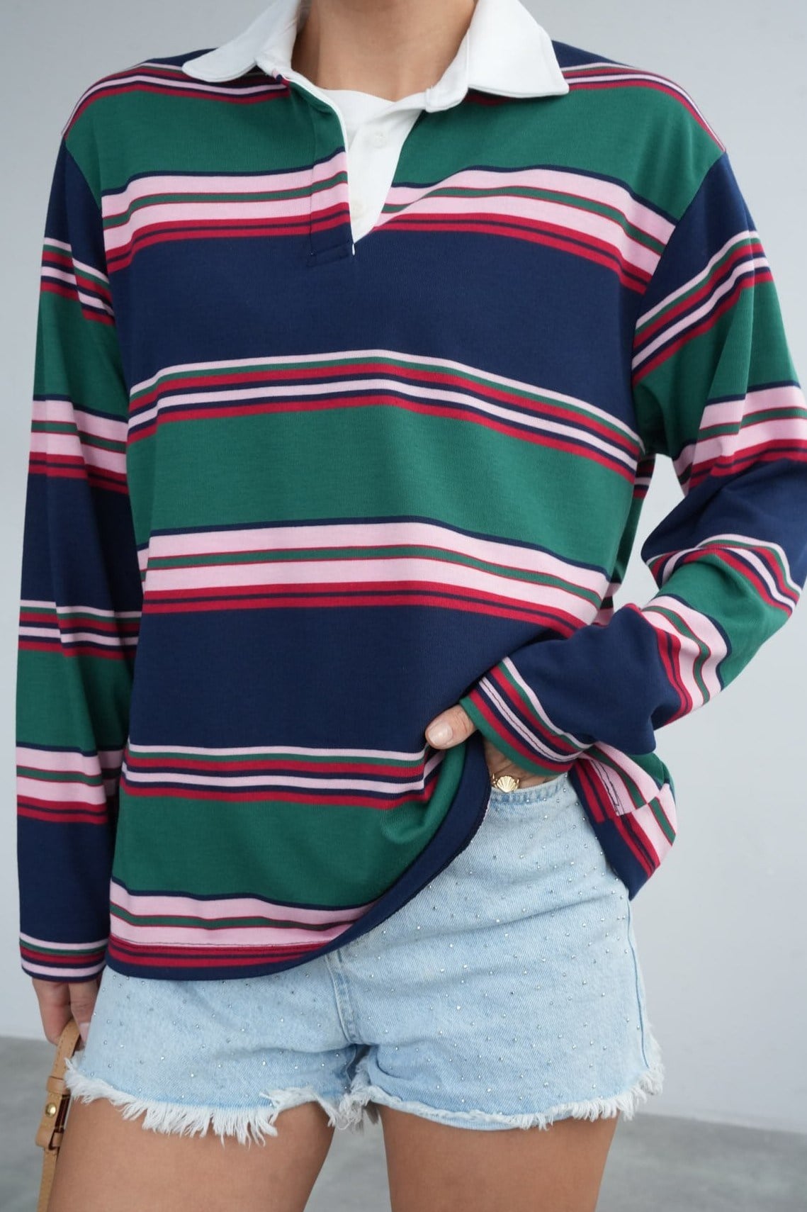 Polo Yaka Çizgili Uzun Kollu Sweatshirt QS261004