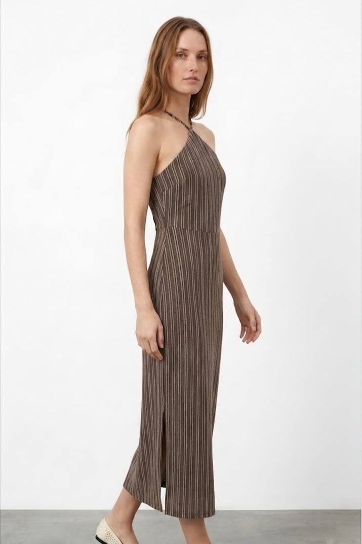 Halter Yaka Çizgili Örme Elbise QZ02167
