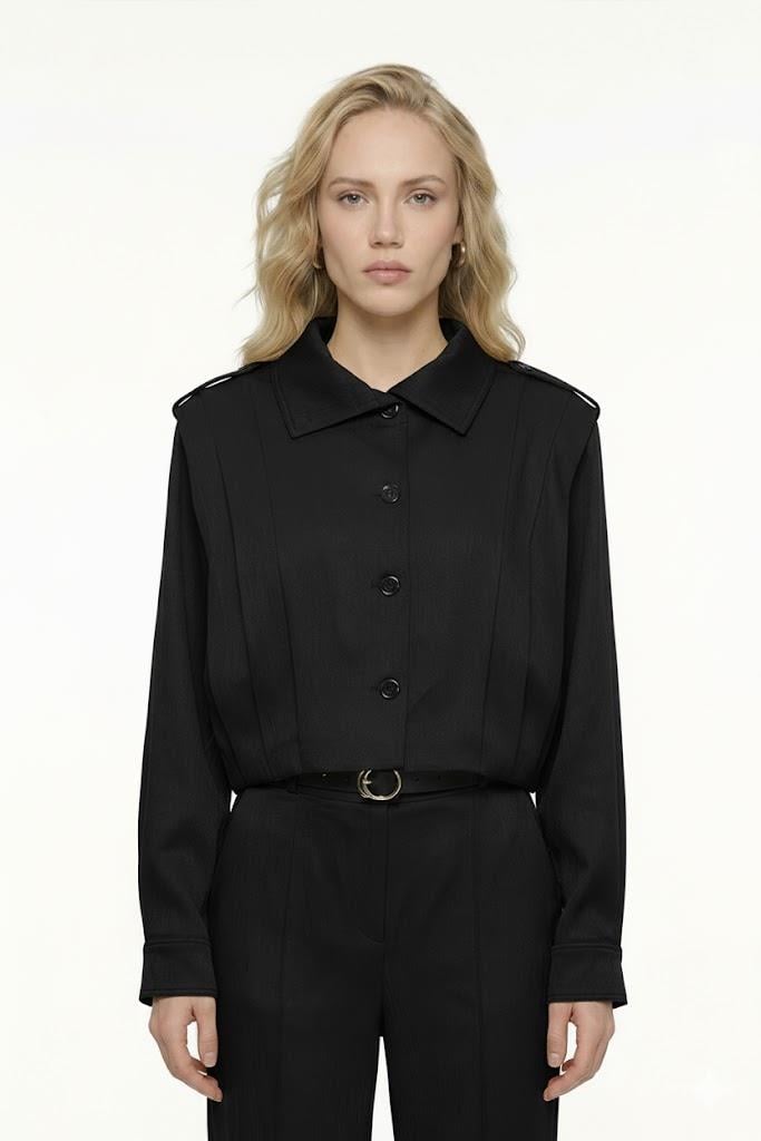 Dik Yaka Pile Detaylı Parlak Kumaş Ceket QZ01358