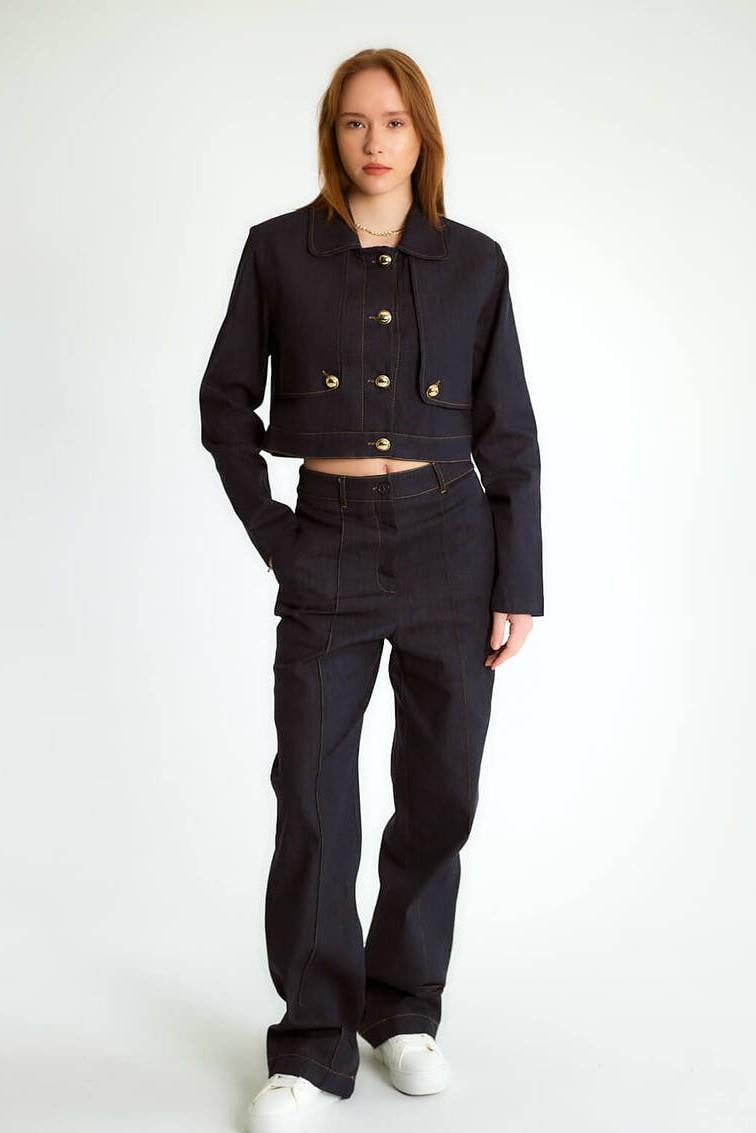 Gold Düğmeli Jean Ceket Pantolon Takım RB80318