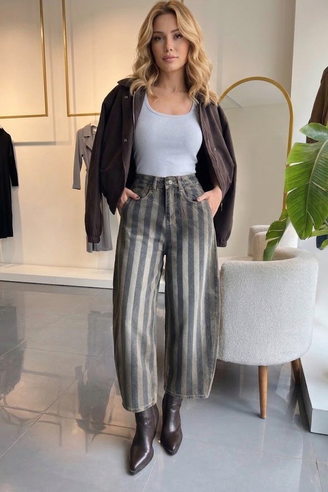 Çizgi Detaylı Barrel Jean PR0111