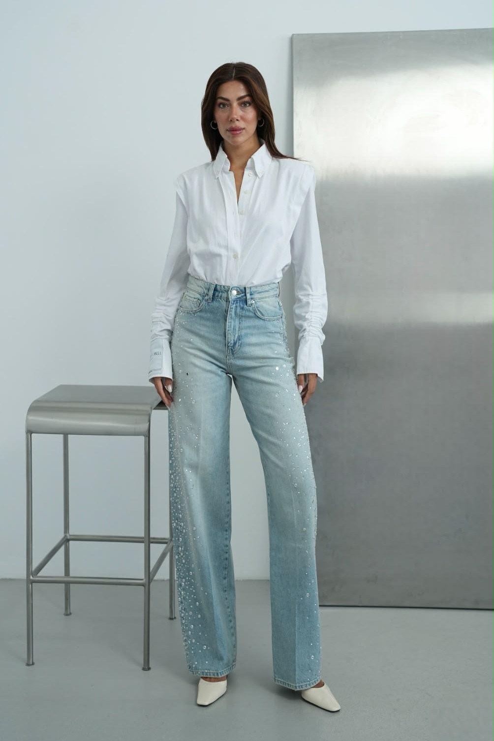 Yüksek Bel Taş Baskılı Baggy Jean LC8433
