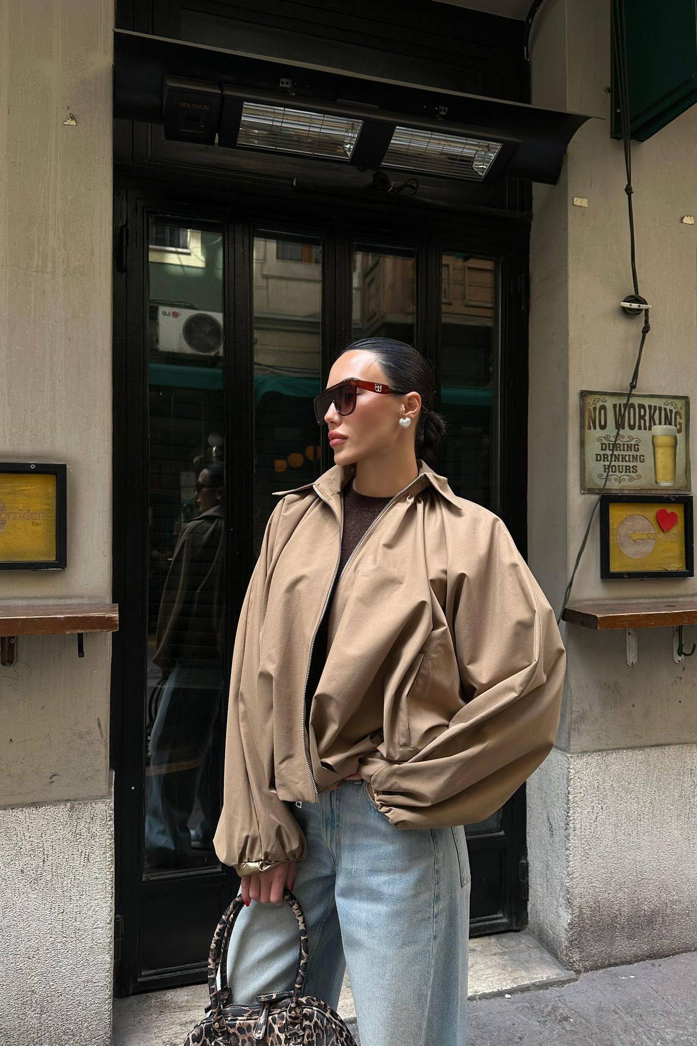 Oversize Lastik Detaylı Bomber Ceket HF508246