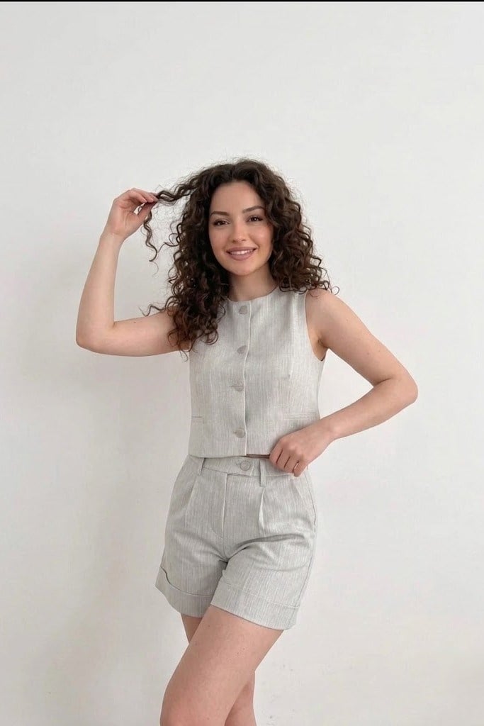 Bisiklet Yaka Gümüş Düğmeli Crop Yelek DL60615