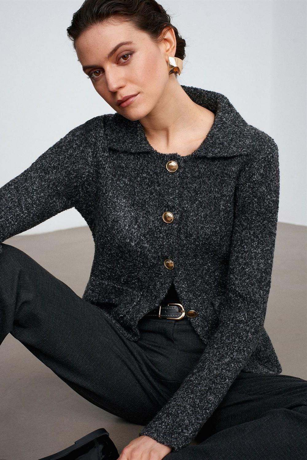 Polo Yaka Düğmeli Cep Detaylı Triko Hırka DL60265