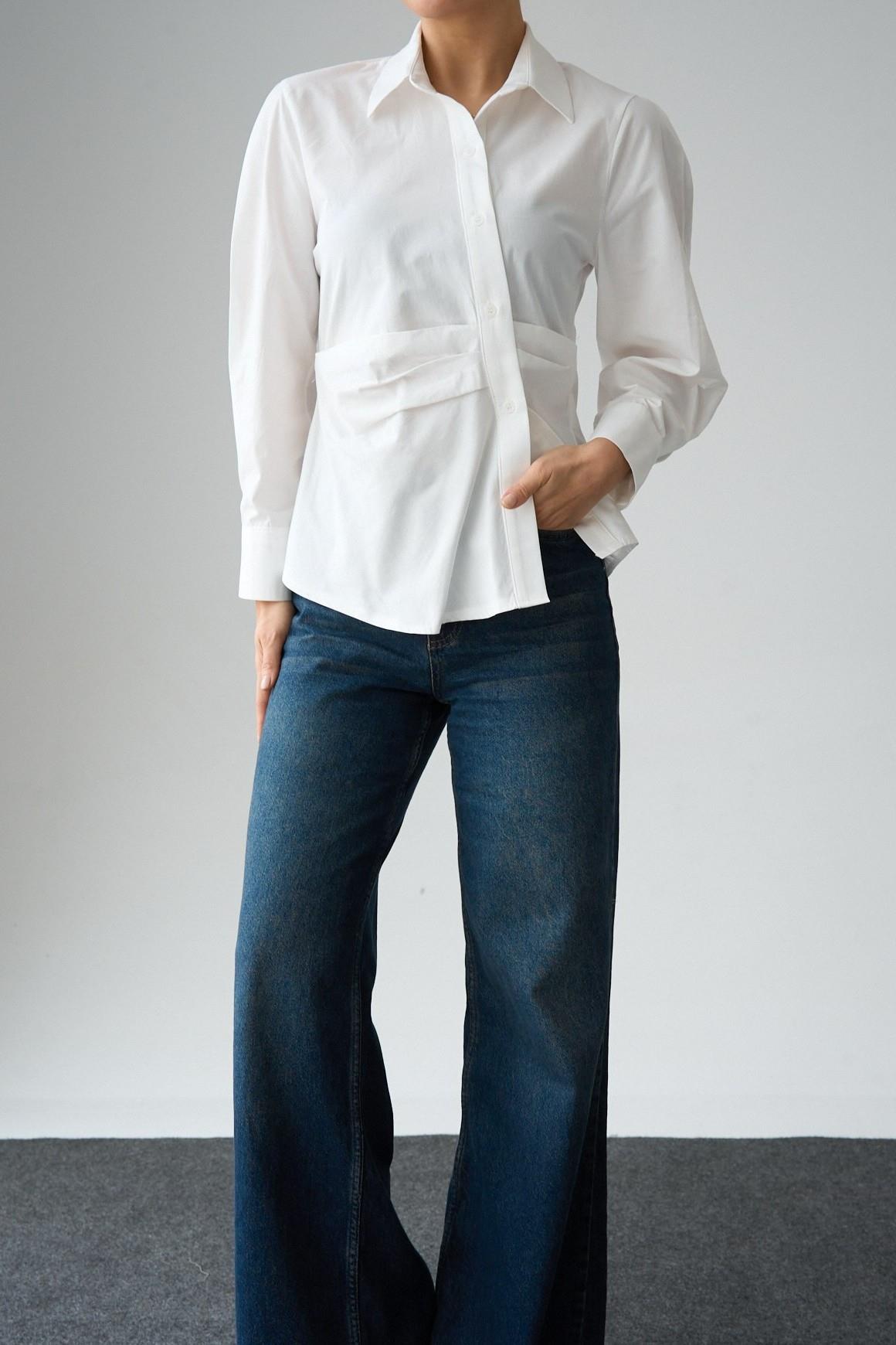 Balon Kol Detaylı Bele Oturan Fitted Gömlek QS261004