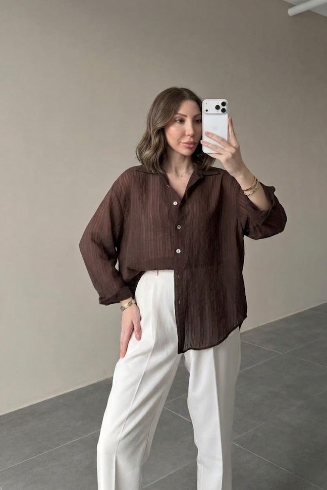 Kendinden Çizgili Oversize Gömlek PR5016