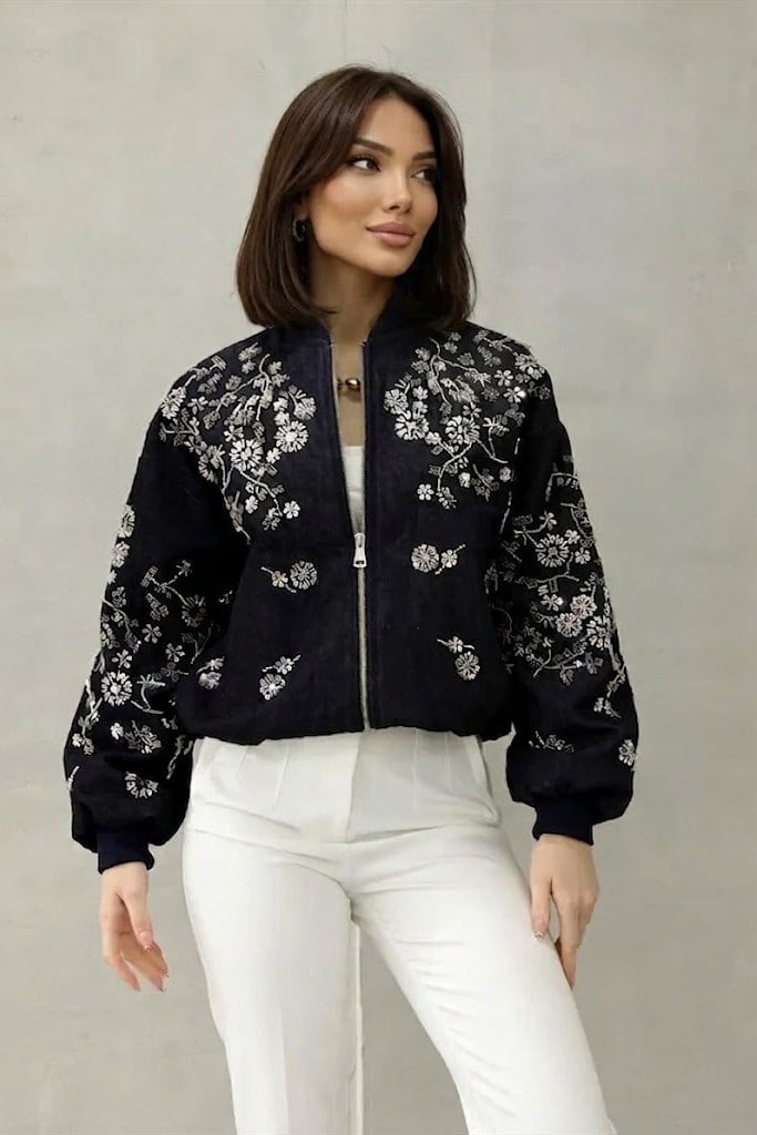 Nakış İşlemeli Pullu Bomber Ceket RB99947