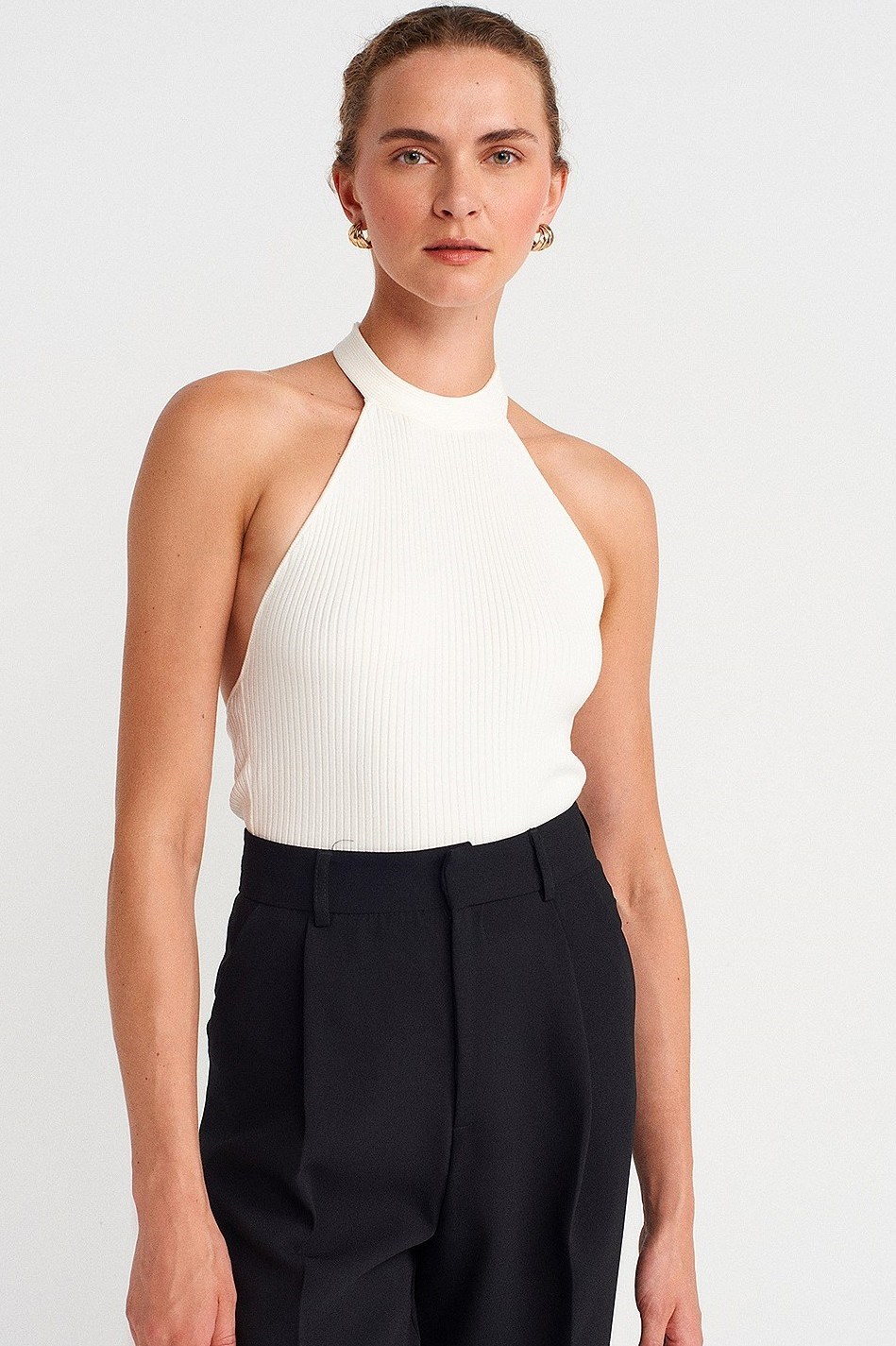 Halter Bağlamalı Yaka Fitilli Triko Bluz DL10778