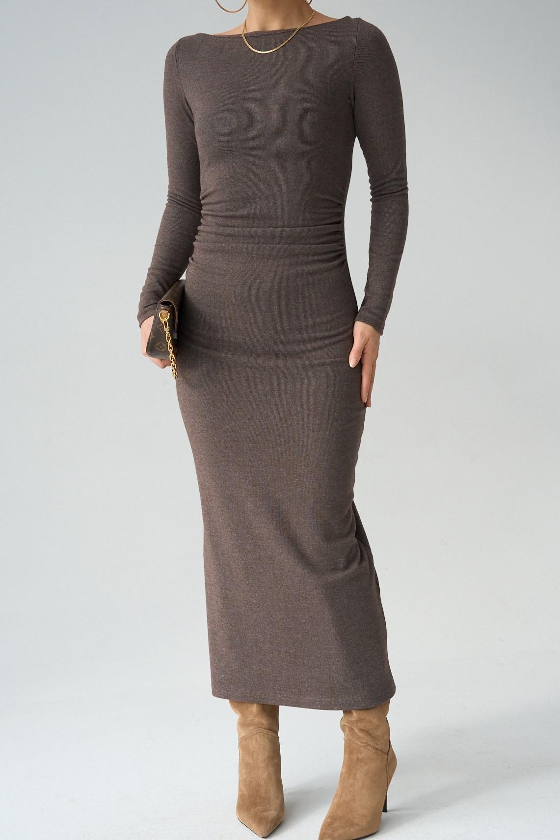 Kayık Yaka Beli Drapeli Uzun Elbise QS261004