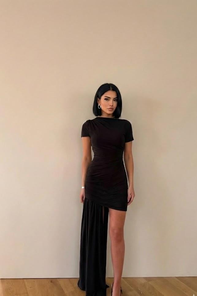 Kalın Askılı Kuyruk Detaylı Drapeli Elbise MM1279
