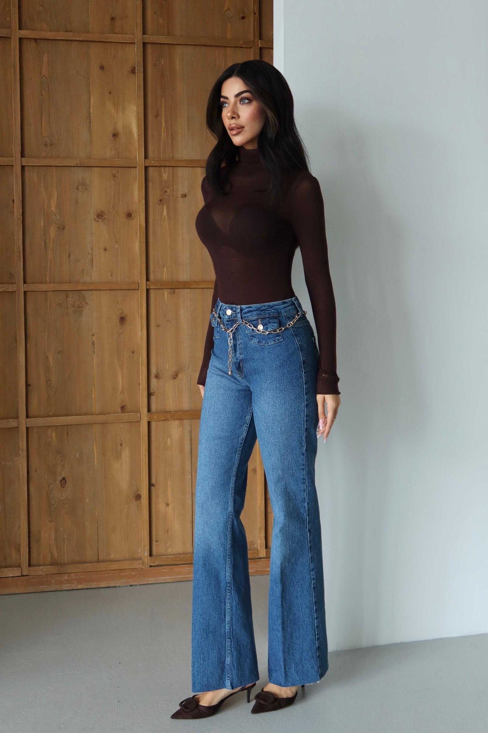 Zincir Kemerli Cep Detaylı Wide Leg Jean LC8158