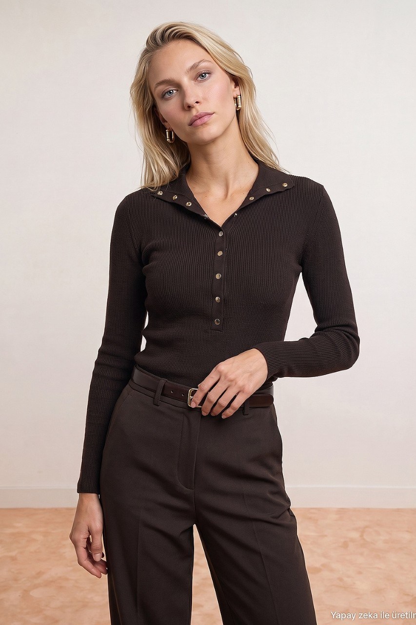 Dik Yaka Çıtçıtlı Triko Kazak DL10686