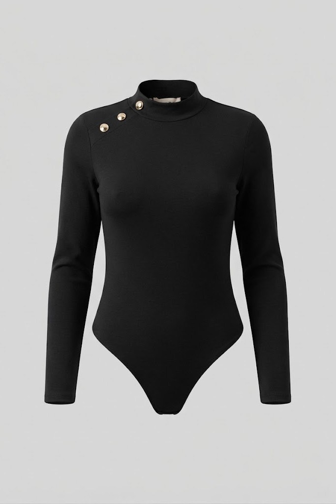 Düğme Detaylı Balıkçı Yaka Bodysuit QZ03049