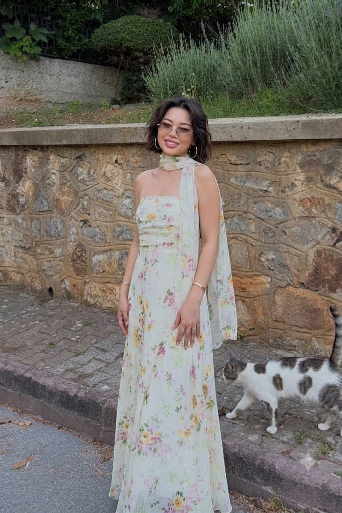 Çiçek Desenli Straplez Şal Detaylı Elbise PR3434