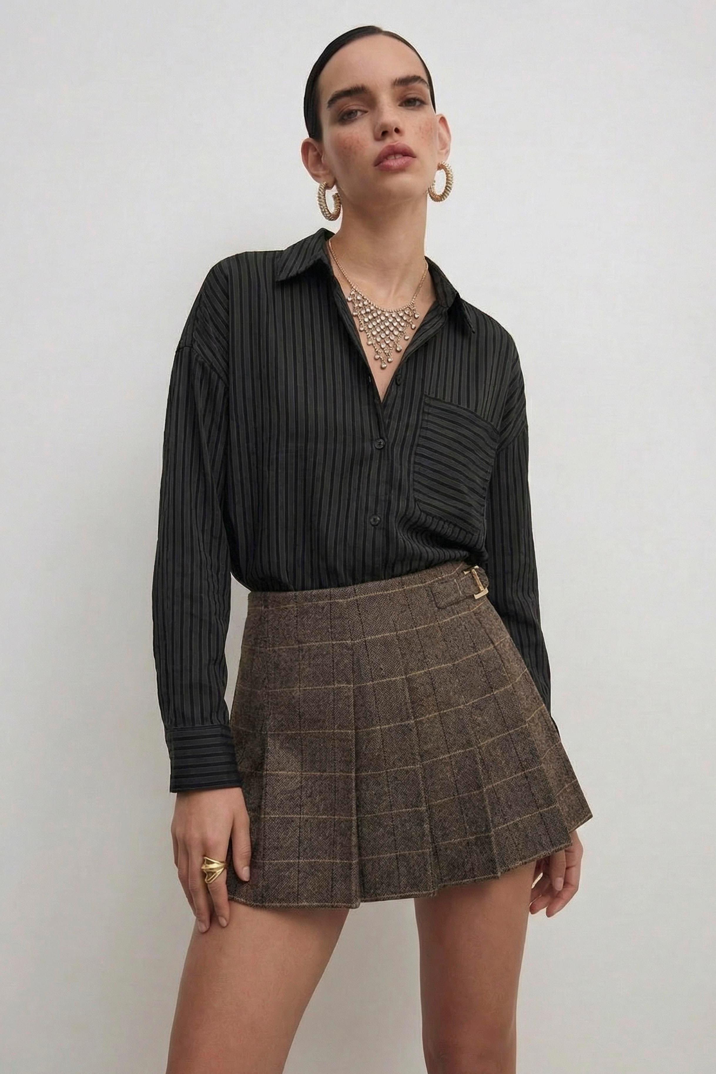 Cep Detaylı Çizgili Oversize Gömlek PR5000