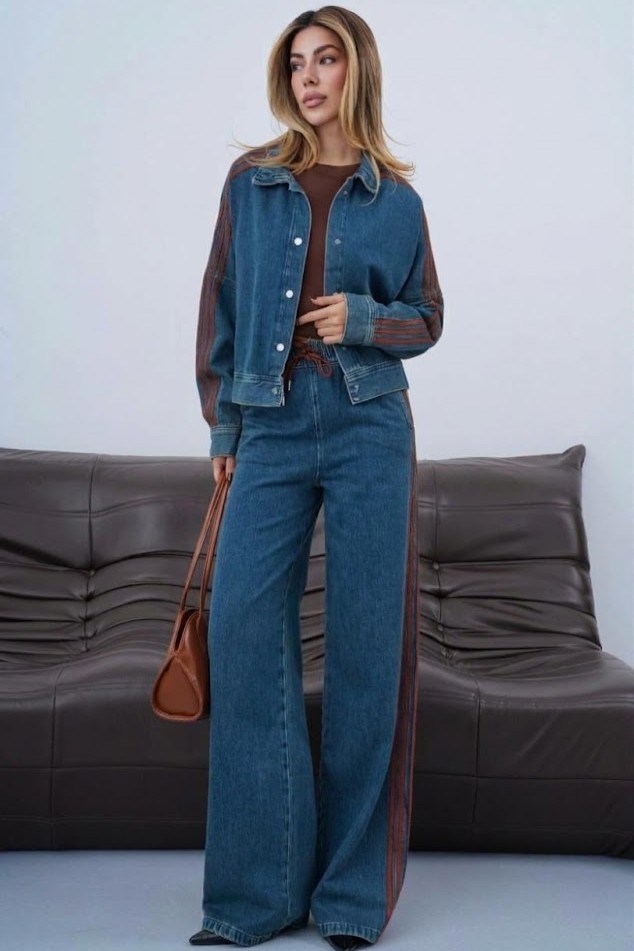 Çizgi Şerit Detaylı Jean Ceket Pantolon Takım LC8446