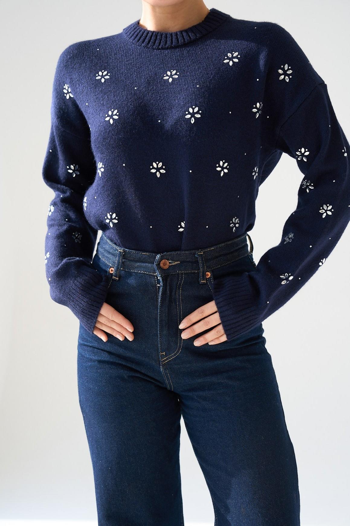 Çiçek Taş İşlemeli Bisiklet Yaka Kazak QS251195