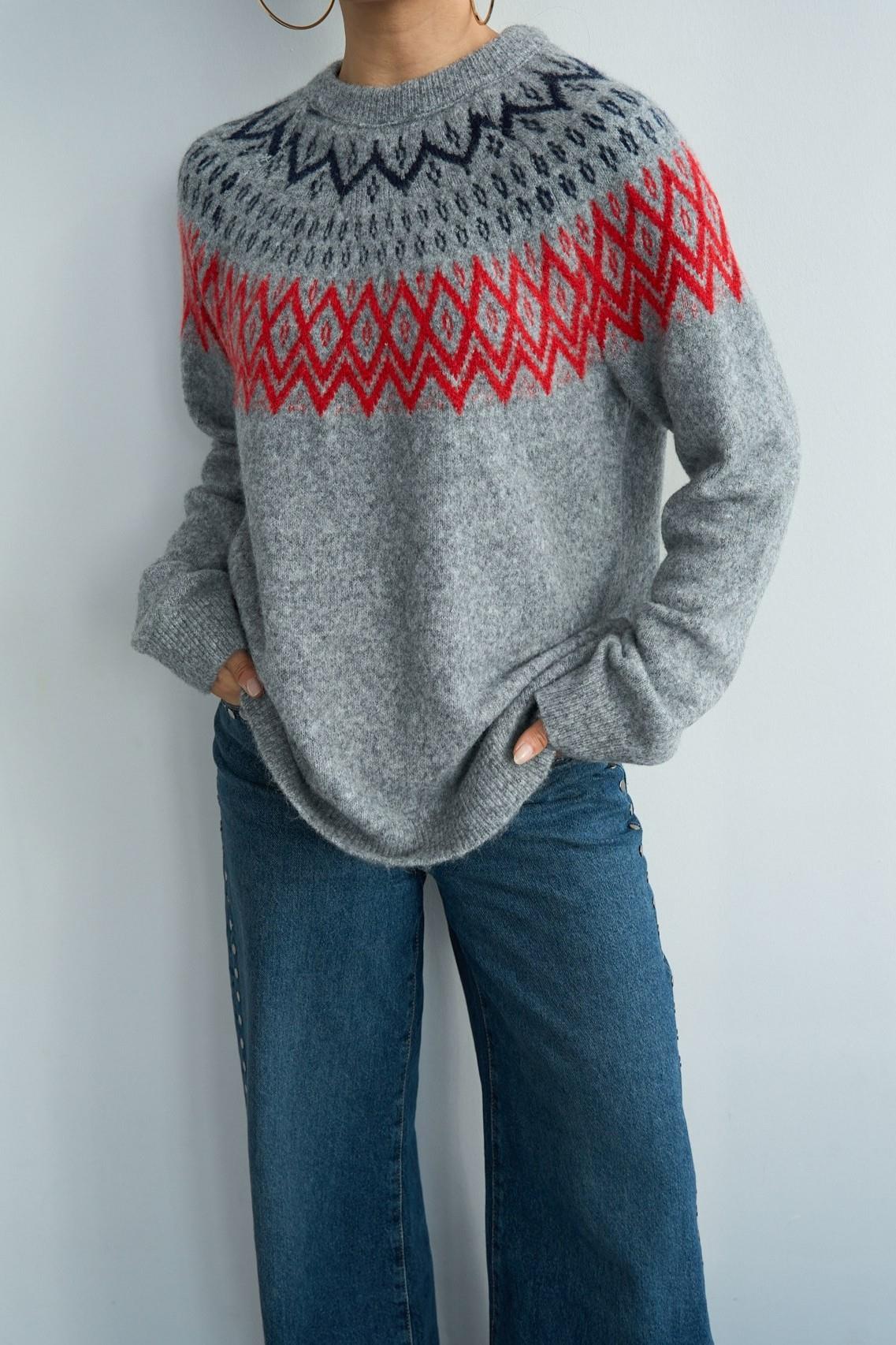 Bisiklet Yaka Renkli Desenli Kazak QS251187