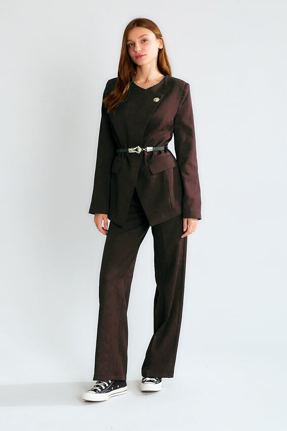 Düğmeli Asimetrik Kesim Kemerli Ceket Pantolon Takım RB80303